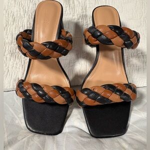 Black and Brown Braided Block Heel Sandals